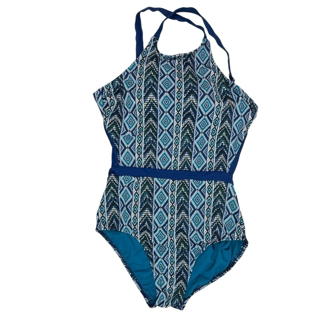 Time and Tru Womens One Piece Swimsuit Blue Geometric 1X 16W-18W
